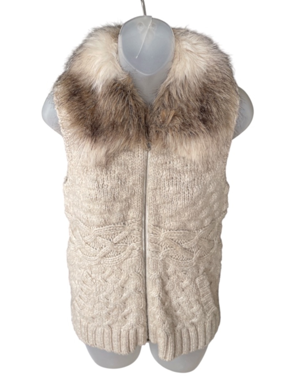 LOFT Faux Fur Collar Cable Knit Sweater Vest Women’s Size S